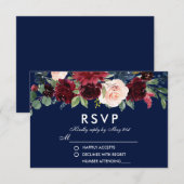 Aquarelle Floral Bourgogne Bleu Mariage RSVP (Devant / Derrière)
