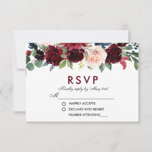 Aquarelle Floral Bourgogne Bleu Mariage RSVP B