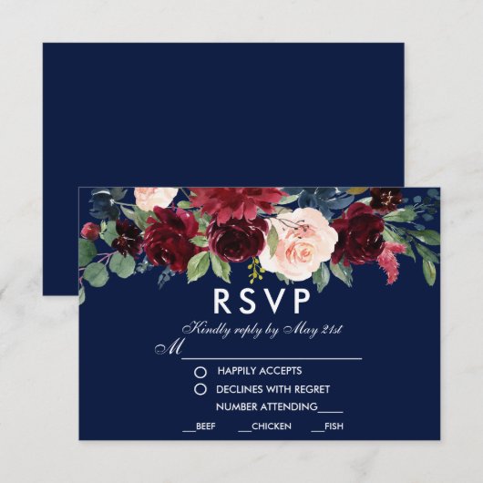 Aquarelle Floral Bourgogne Bleu Repas Mariage RSVP (Devant / Derrière)