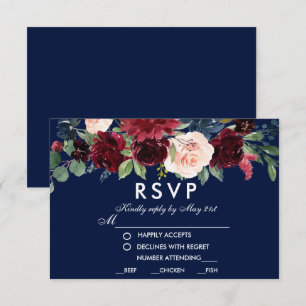 Aquarelle Floral Bourgogne Bleu Repas Mariage RSVP