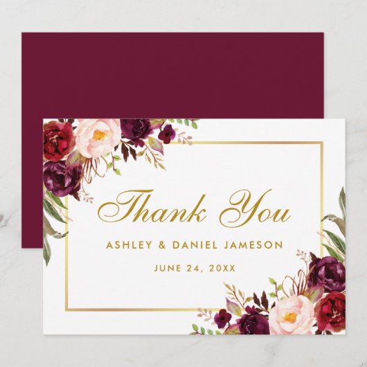 Aquarelle Floral Bourgogne Gold Mariage Merci GB (Devant / Derrière)