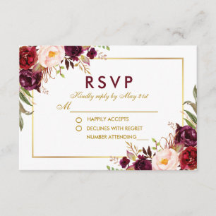Aquarelle Floral Bourgogne Gold Wedding RSVP B