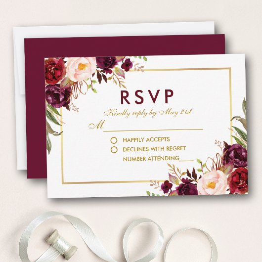 Aquarelle Floral Bourgogne Gold Wedding RSVP BG