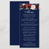 Aquarelle Floral Bourgogne Mariage Menu Bleu (Devant / Derrière)