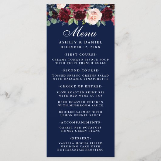 Aquarelle Floral Bourgogne Mariage Menu Bleu (Devant)