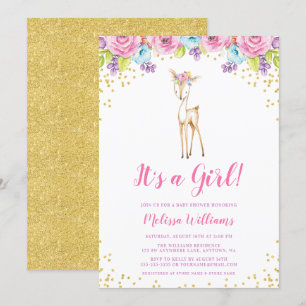 Aquarelle Floral Deer Girl Baby shower Invitation