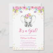 Aquarelle Floral Elephant Baby Shower Invitations (Devant)