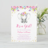 Aquarelle Floral Elephant Baby Shower Invitations (Debout devant)