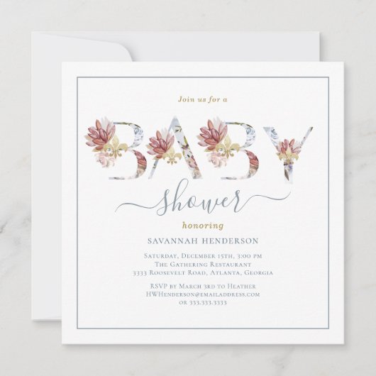 Aquarelle Floral et Baby shower d'or Invitation (Devant)