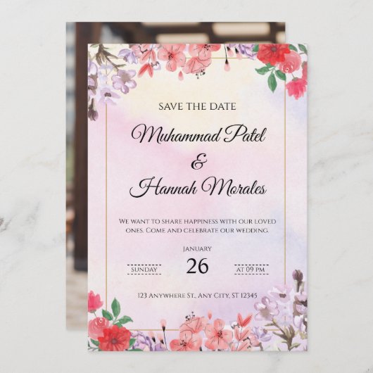 Aquarelle Floral Faire-part de mariage élégant (Devant / Derrière)