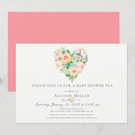Aquarelle Floral Heart Baby shower Invitation (Devant / Derrière)