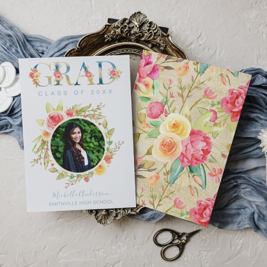 Aquarelle Floral Photo Graduation Faire-part