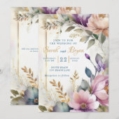 Aquarelle Floral Purple Faire-part de mariage rose (Devant / Derrière)