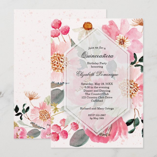 Aquarelle Floral Quinceañera Invitations d'anniver (Devant / Derrière)