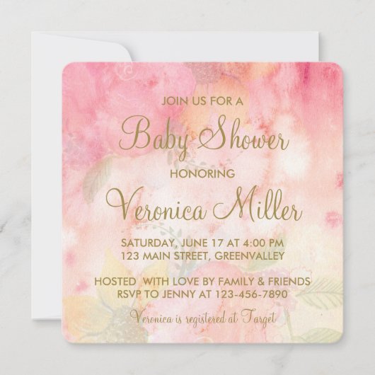 Aquarelle Floral rose Baby shower or Invitation (Devant)