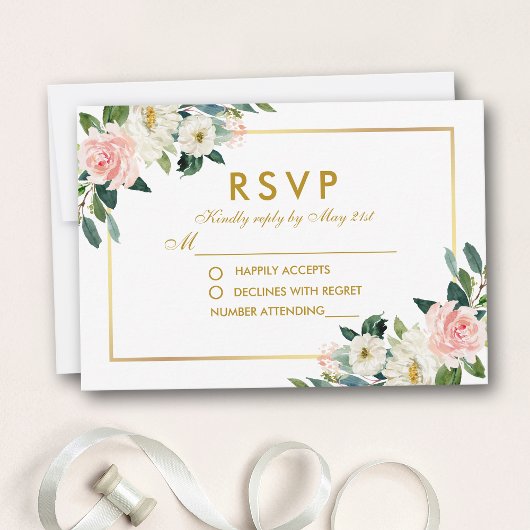 Aquarelle Floral Rose Blanc Or Mariage RSVP