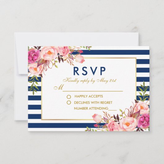 Aquarelle Floral rose Bleu rayures RSVP Mariage (Devant)