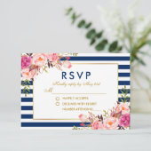 Aquarelle Floral rose Bleu rayures RSVP Mariage (Debout devant)