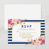 Aquarelle Floral rose Bleu rayures RSVP Mariage (Devant / Derrière)