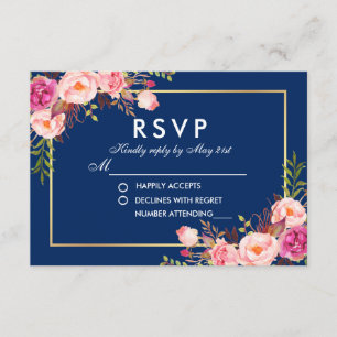 Aquarelle Floral Rose Blush Bleu Mariage RSVP