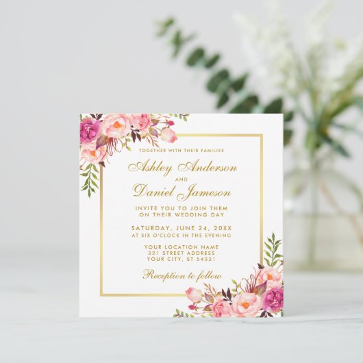 Aquarelle Floral Rose Blush Gold Carte S Mariage (Debout devant)