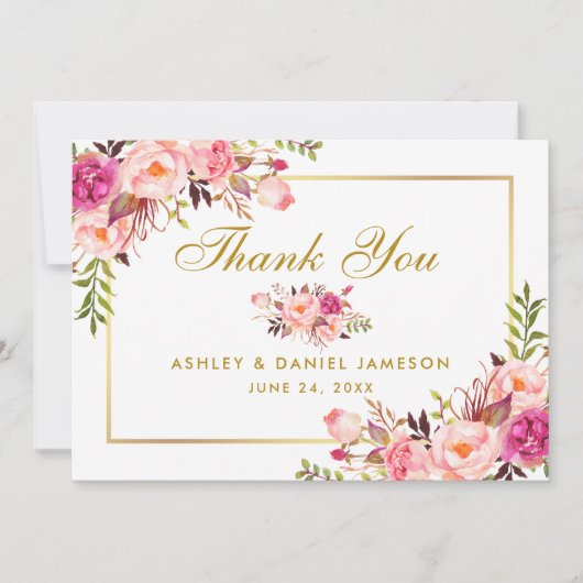 Aquarelle Floral Rose Blush Gold Mariage Merci (Devant)