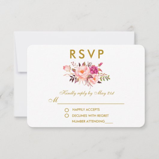 Aquarelle Floral Rose Blush Gold Wedding RSVP (Devant)