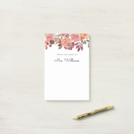 Aquarelle Floral rose enseignant Post-It Note (Sur un bureau)