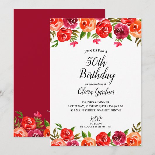 Aquarelle Floral Rouge Orange Invitations d'annive (Devant / Derrière)