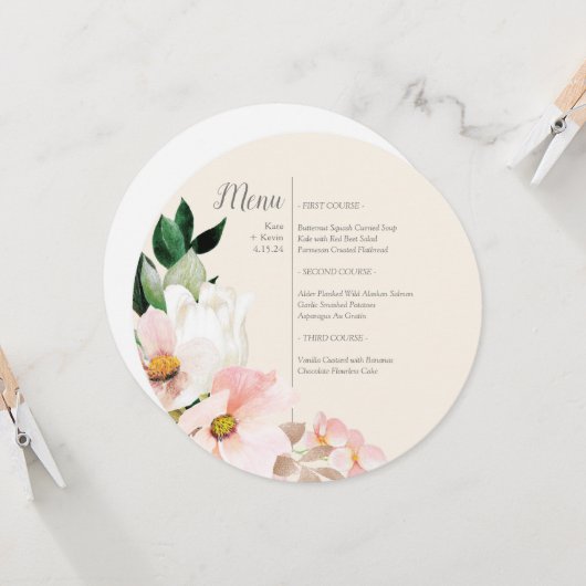 Aquarelle Floral Round Menu Invitation (Devant/Arrière en situation)