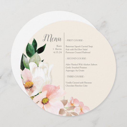 Aquarelle Floral Round Menu Invitation (Devant / Derrière)