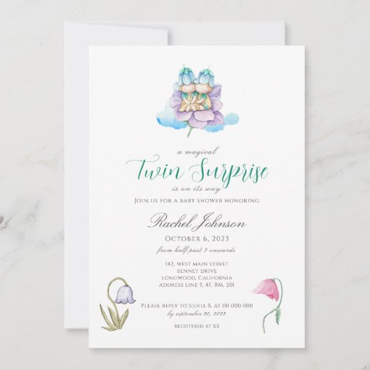 Aquarelle Floral Twins Baby shower Invitation (Devant)