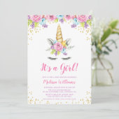 Aquarelle Floral Unicorn Baby Shower Invitations (Debout devant)