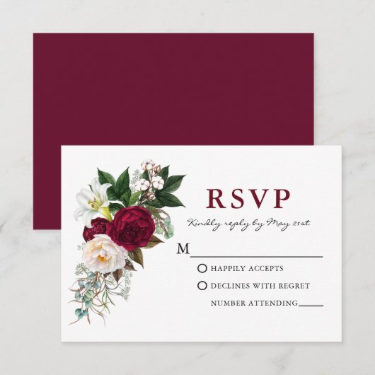 Aquarelle Floral Vert Foncé Burgundy RSVP (Devant / Derrière)