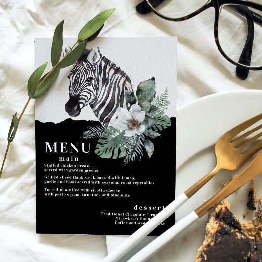 Aquarelle Floral Zebra Safari Menus Mariages