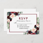 Aquarelle florale Bleu Bourgogne Mariage RSVP (Devant / Derrière)