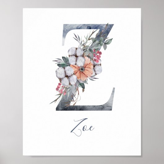 Aquarelle Florale Bleue Monogramme Z Nom Poster (Devant)