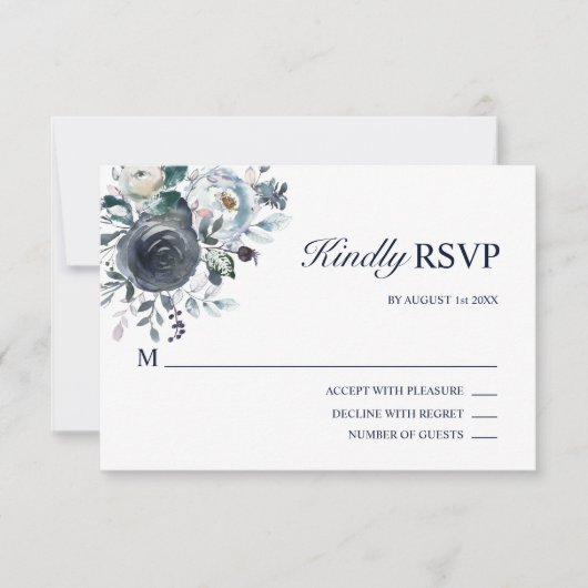Aquarelle florale Dusty Navy bleu Mariage RSVP (Devant)