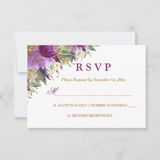 Aquarelle Florale Étincelle Mariage Améthyste RSVP (Devant)