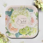 Aquarelle Florale Fête des mariées rose pâle<br><div class="desc">Belle aquarelle blanche et verte hydrangées,  roses roses et crème,  marguerites,  petites fleurs et feuilles sur rose vif,  personnalisez ces plaques carrés papier pour votre douche nuptiale,  fiançailles,  mariage ou toute occasion avec vos détails en lettrage chic. CORRESPONDANCE d'objets dans notre collection.</div>