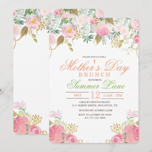 Aquarelle florale Fête des mères Invitation Brunch (Devant / Derrière)