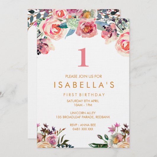 Aquarelle florale filles invitation anniversaire (Devant / Derrière)