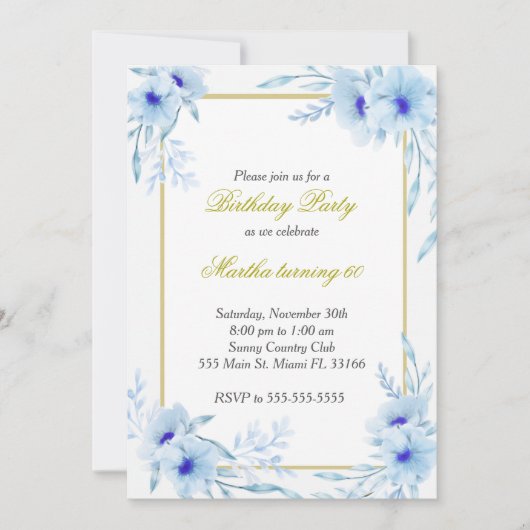 Aquarelle Florale Invitation Anniversaire Blue Gol (Devant)