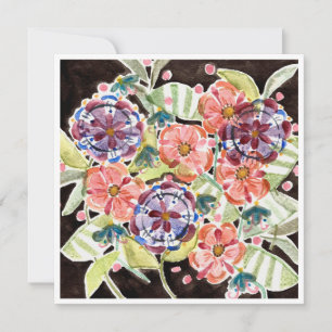 Aquarelle florale noire brillante carte dépliée