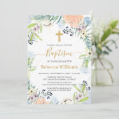 Aquarelle Florale Pêche Baptême Bleu Invitation (Debout devant)