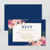 Aquarelle Florale Rose Bleu Or Mariage RSVP (Devant / Derrière)