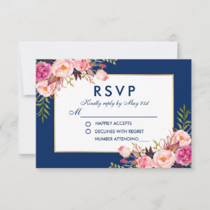 Aquarelle florale rose bleu or RSVP Mariage WB