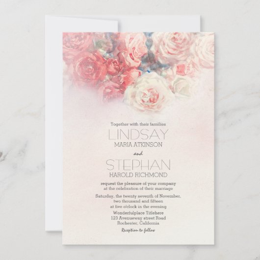 aquarelle florale rose pâle invitations de mariage (Devant)