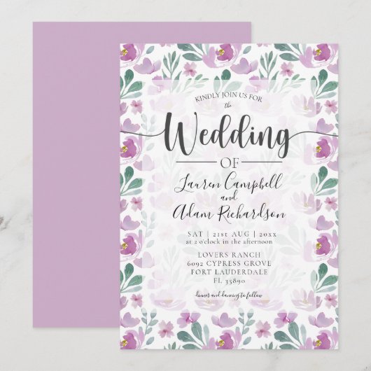 Aquarelle florale rose pourpre Faire-part de maria (Devant / Derrière)