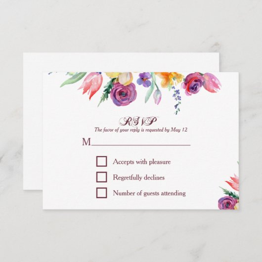 Aquarelle florale sur blanc RSVP et menu (Devant / Derrière)